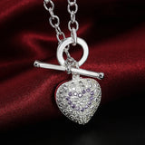 925 Silver Purple Crystal Heart Pendant Necklace Wedding Accessory