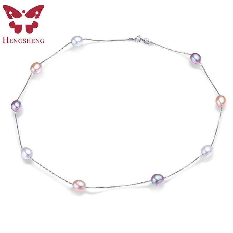 Freshwater Pearl Chains Necklace S925 Silver Pink Purple Pearl Jewelry