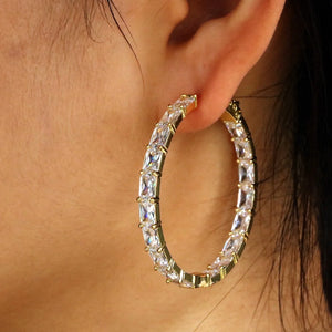 Bling Princess Cut Stones Baguette Hoop Earrings