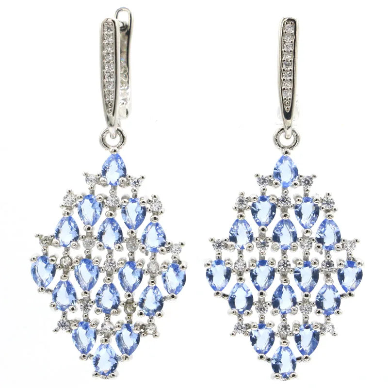Gorgeous Long Tanzanite Tourmaline CZ Women Engagement Silver Earrings
