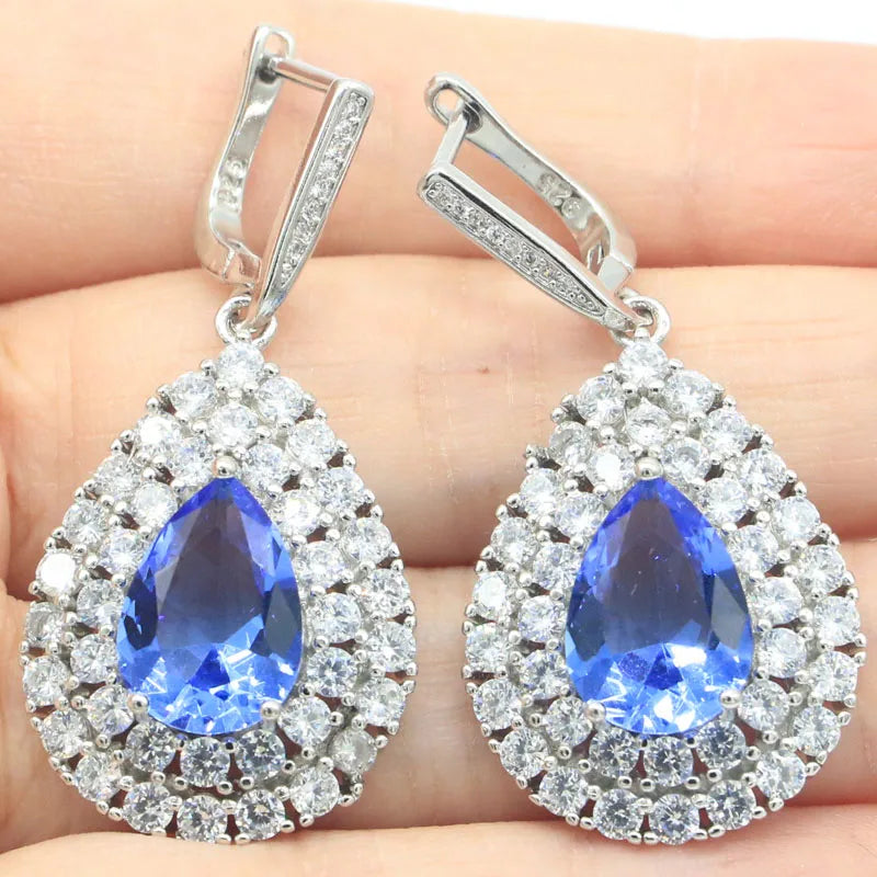 Stunning 45x22mm Tanzanite Pink Morganite CZ 925 Silver Earrings