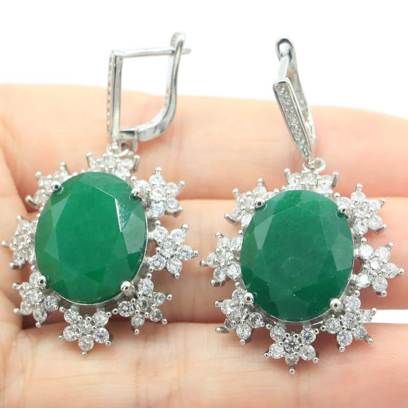 Big Heavy Green Emerald Red Ruby CZ Silver Earrings