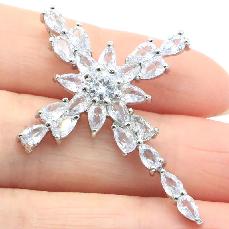 Classic Long Cross Sapphire Aquamarine 925 Silver Pendant