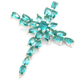 Classic Long Cross Sapphire Aquamarine 925 Silver Pendant