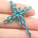Classic Long Cross Sapphire Aquamarine 925 Silver Pendant