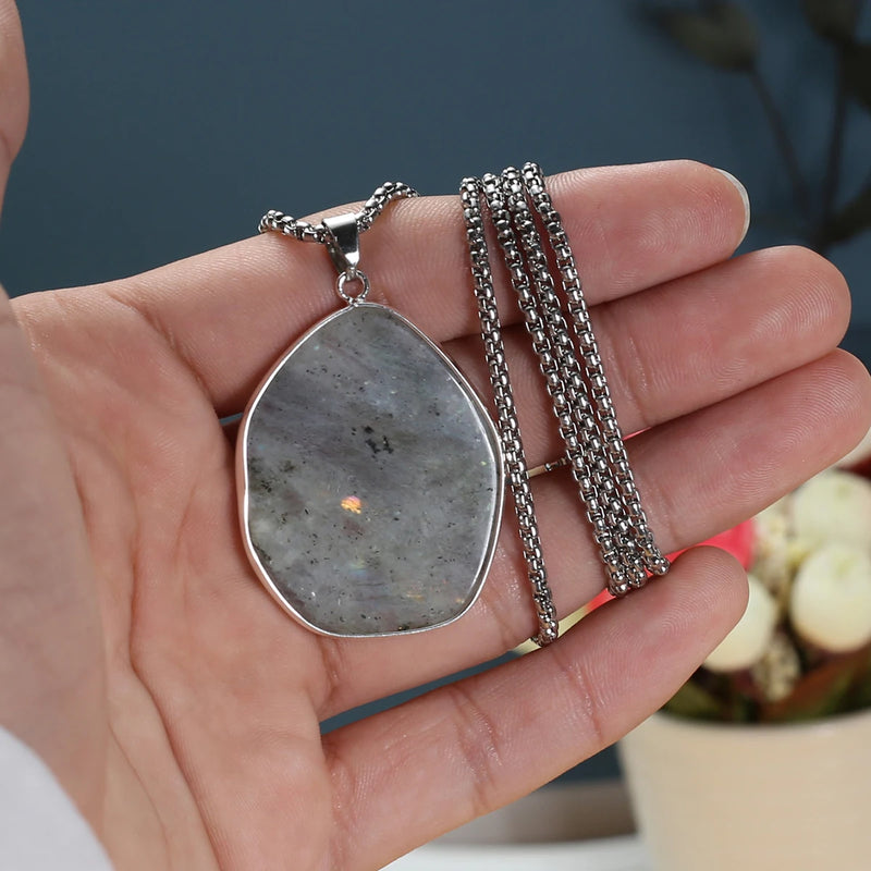 Labradorite Stone Necklace Pendant Stainless Steel Jewelry Charms