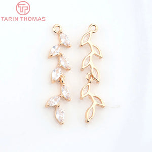 6PCS 7x31MM Leaf Pendants 24K Champagne Brass Zircon Jewelry Findings