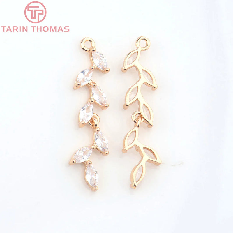6PCS 7x31MM Leaf Pendants 24K Champagne Brass Zircon Jewelry Findings