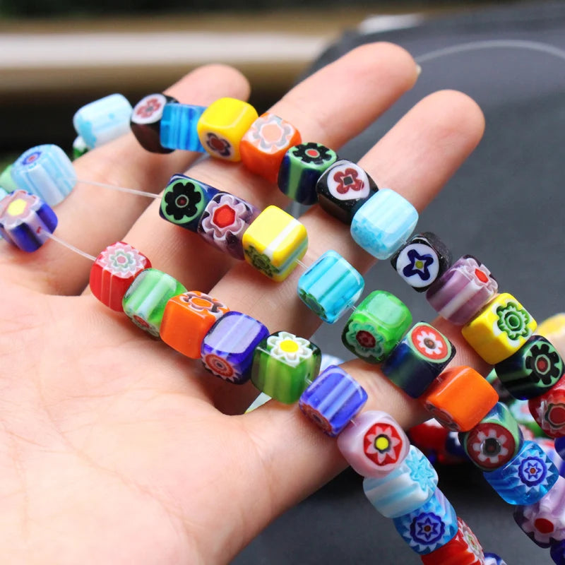 46Pcs 8mm Square Lampwork Glass Beads Mix Patterns & Colors for Jewelry Making
