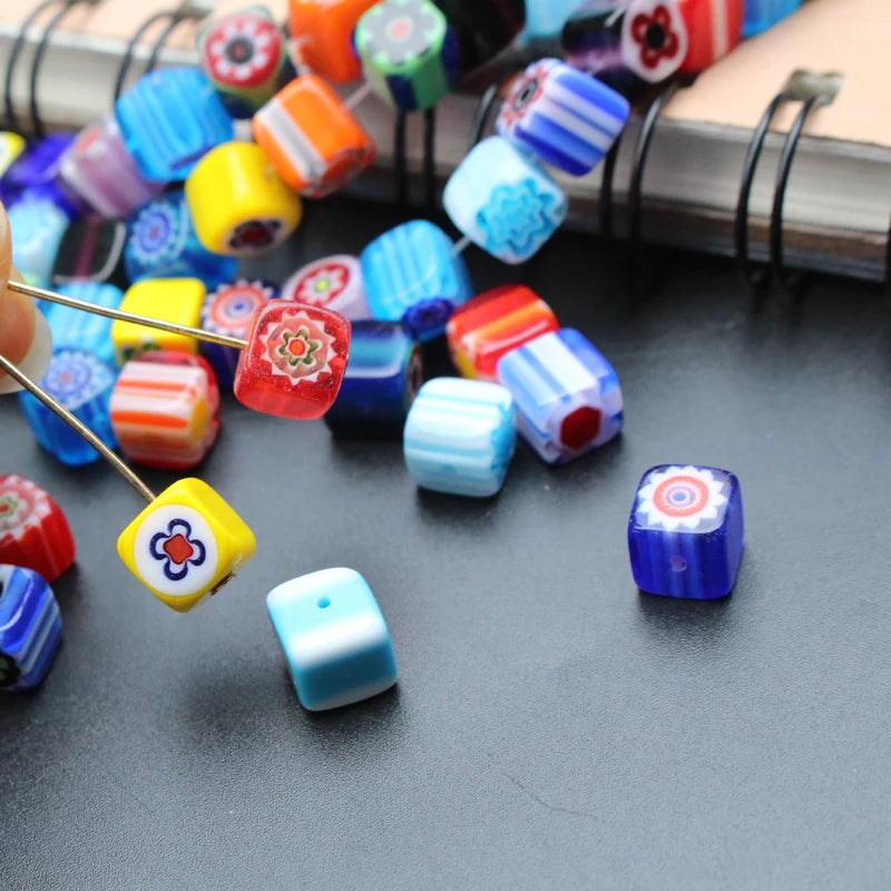 46Pcs 8mm Square Lampwork Glass Beads Mix Patterns & Colors for Jewelry Making