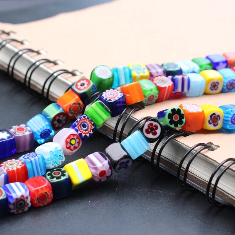 46Pcs 8mm Square Lampwork Glass Beads Mix Patterns & Colors for Jewelry Making