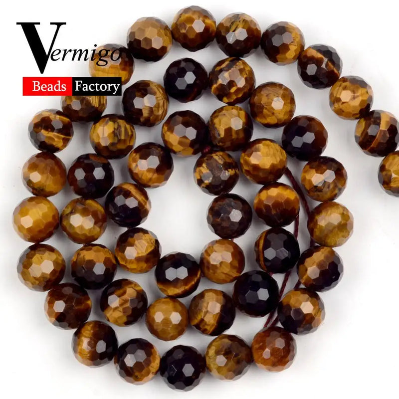 46pcs 8mm Faceted Yellow Tiger Eye Gemstones Round Beads for Jewelry Making