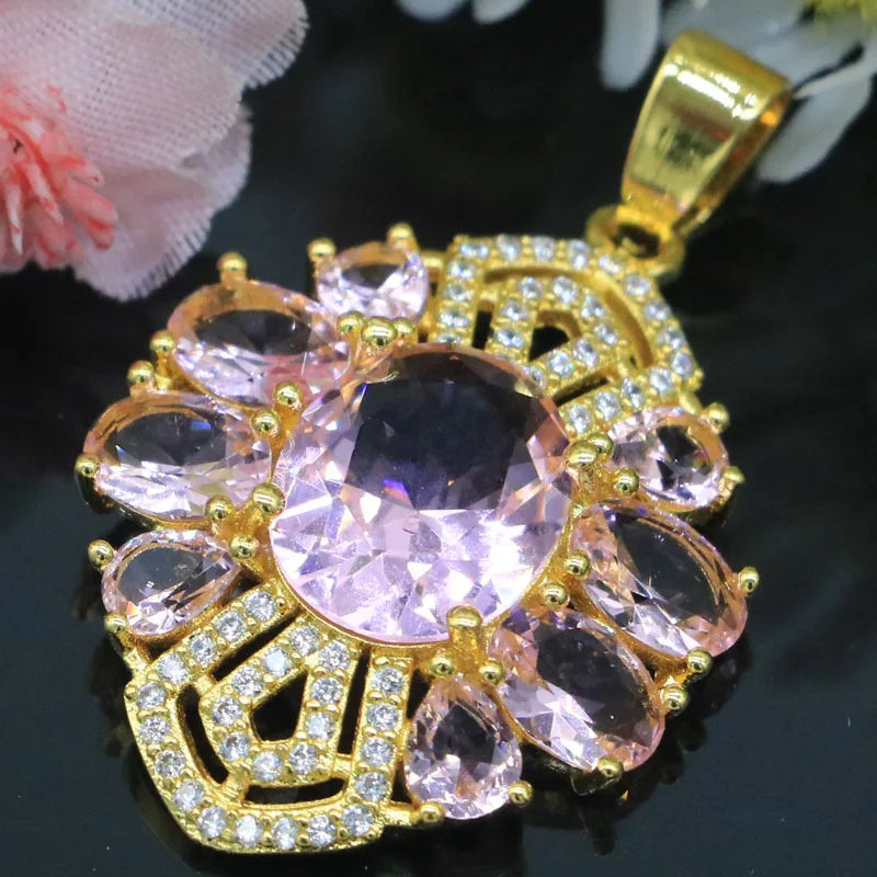 Pink Kunzite CZ 14k Silver Pendant Earrings