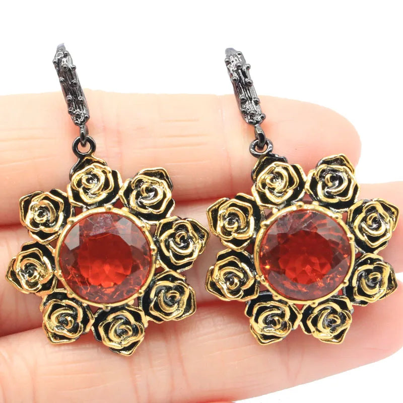 Sunflowers Jewelry Set with Orange Spessartine Garnet - Silver Earrings Pendant