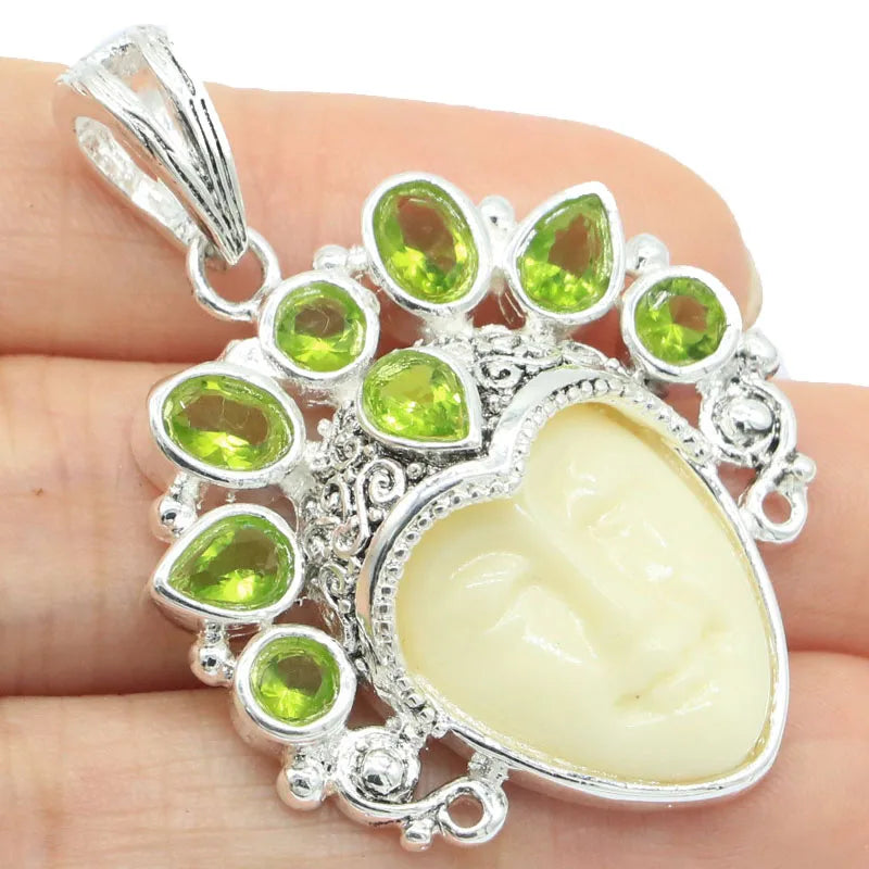 Egypt Goddess Face Pink Morganite Aquamarine Peridot Silver Pendant