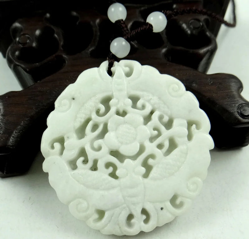 47*47MM Lantian Jade Bat Flower Pendant Necklace
