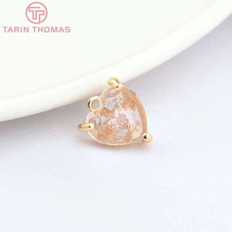 4PCS Zircon Heart Pendants 8.5x10MM Hole 1MM 24K Brass DIY Jewelry Findings