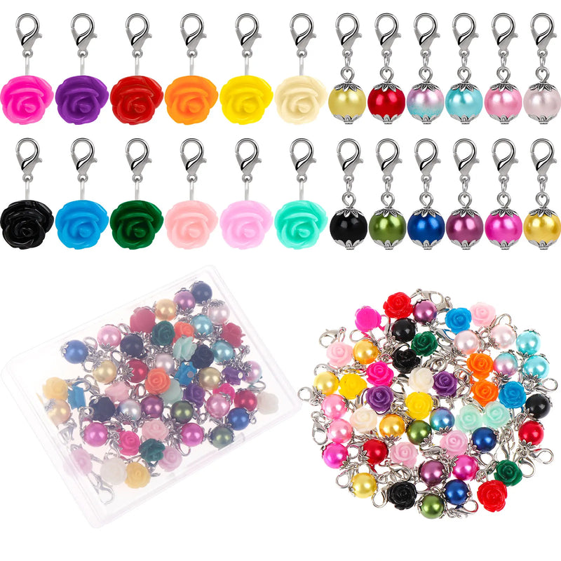 48 Pcs Stitch Markers Clasp Assorted Rose Flower and Bead Charm Lobster