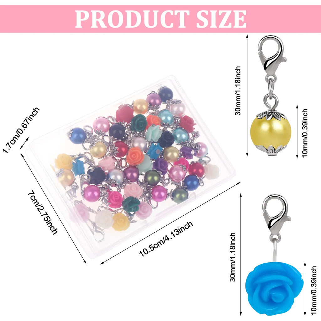 48 Pcs Stitch Markers Clasp Assorted Rose Flower and Bead Charm Lobster
