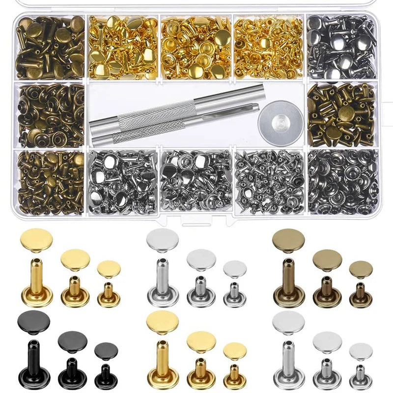 480 Sets Leather Rivets Double Cap Rivet with Tool Kit for Leather Craft