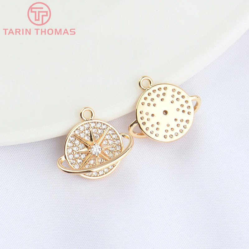 2PCS 14.5x11MM 24K Brass Zircon Planet Charms Pendants High DIY Jewelry