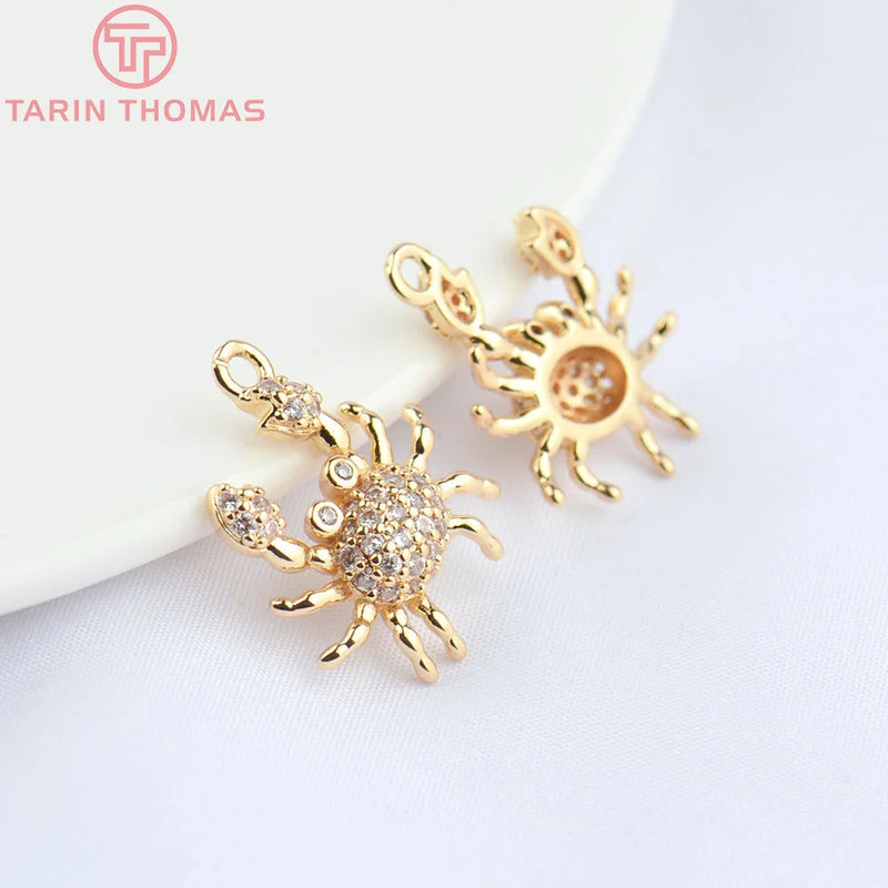 6PCS 16x15.5MM 24K Brass Zircon Crab Pendants High Jewelry Findings