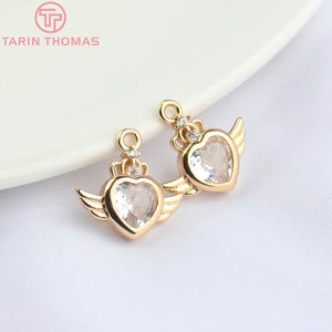 10PCS Heart Wings Pendants 24K Champagne Brass Zircon High Jewelry Findin