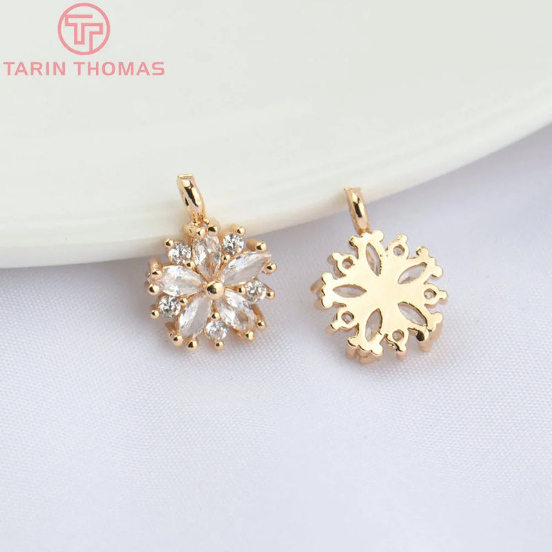 10PCS 9MM 24K Champagne Brass Zircon Flower Charm Pendants High Jewelry Findings