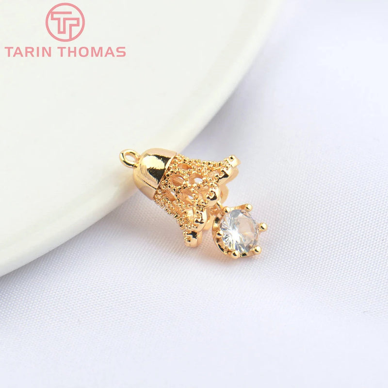 6PCS 9.5x15MM 24K Brass Zircon Bell Charms Pendants DIY Jewelry Findings