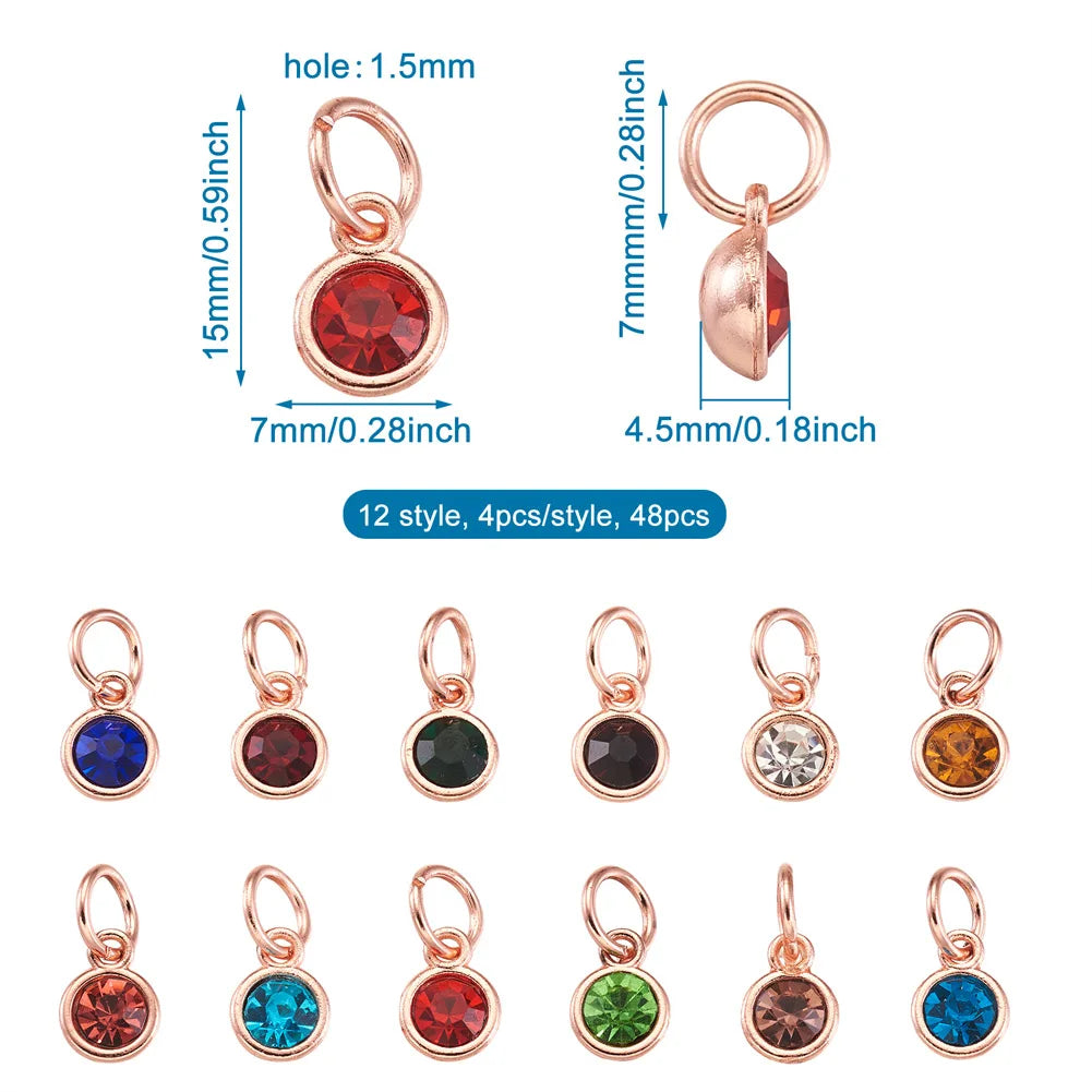 48PCS 12 Colors Alloy Rhinestone Charms for Pendants Birthstone Style Flat Round