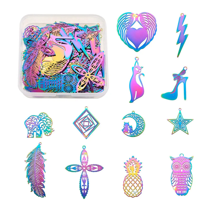 48Pcs 12 Styles Etched Metal Embellishments Multi-color