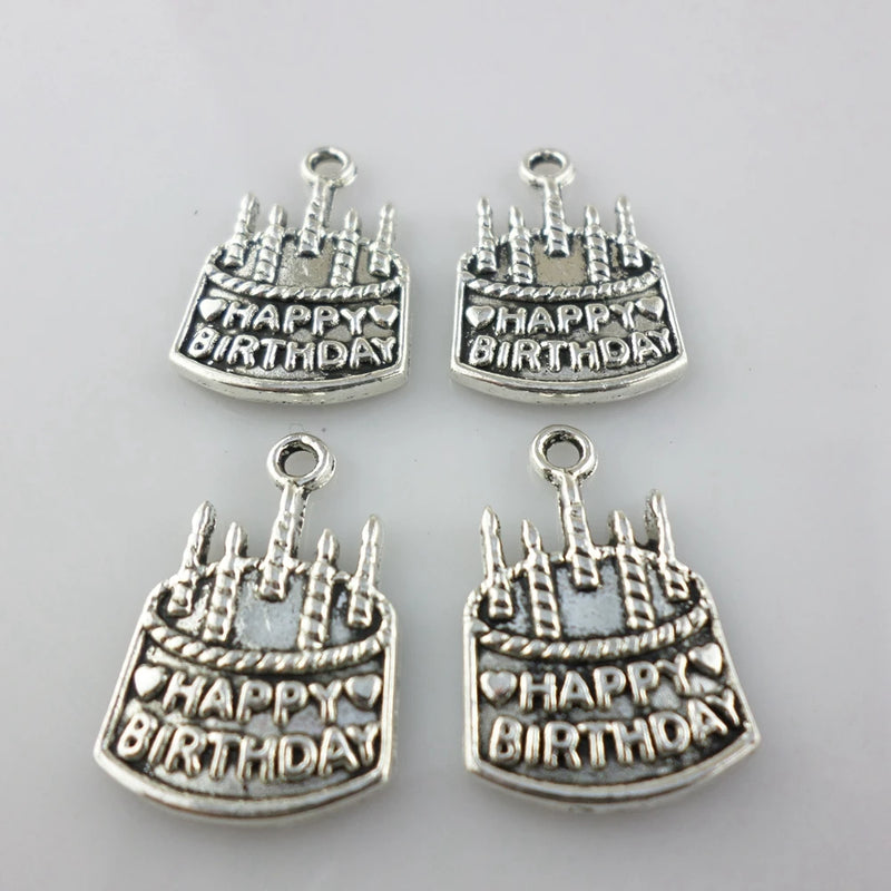 48pcs Tibetan Silver Happy Birthday Cake Charms Crafts Pendants Beads 15x22mm