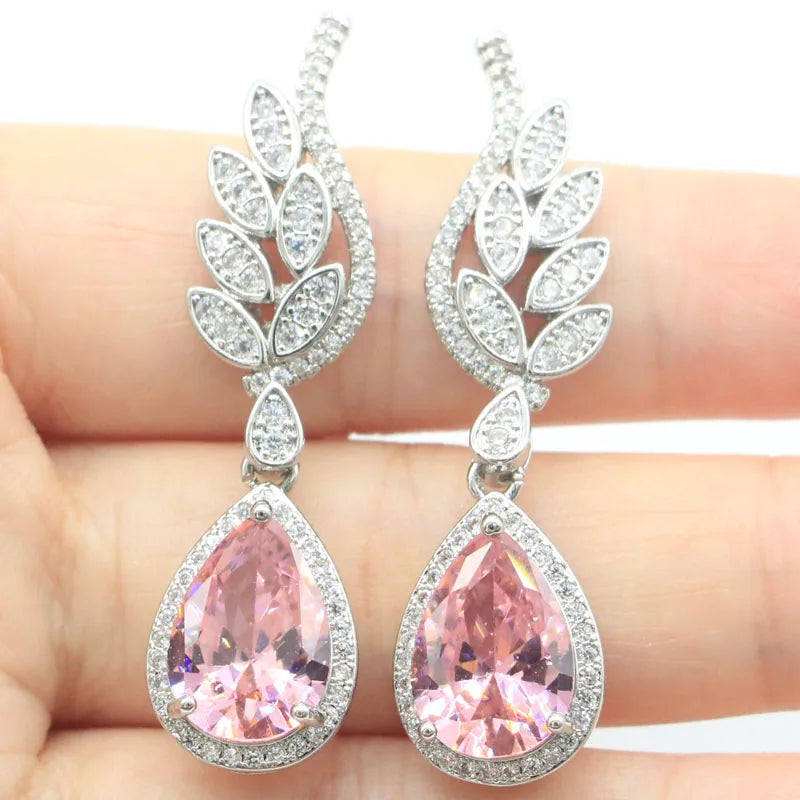 Deluxe Pink Kunzite Zircon Silver Earrings, 10.6g