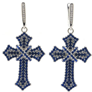 Classic Long Cross Queen Tanzanite CZ Silver Earrings