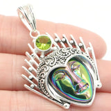12g Fire Rainbow Titanium Quartz Goddess Face Green Pendant