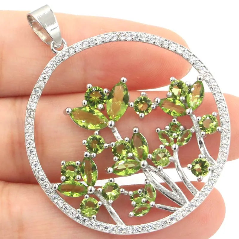 Flowers Green Peridot Rhodolite Garnet Silver Pendant