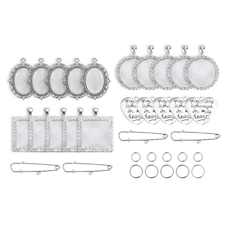 49 Pcs DIY Photo Pendant Kit with Clear Glass Gemstones Heart Pendant