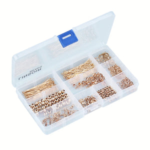 490Pcs Antique Bead Caps Jump Rings Head Pins Ear Wires Jewelry Findings Kit Box