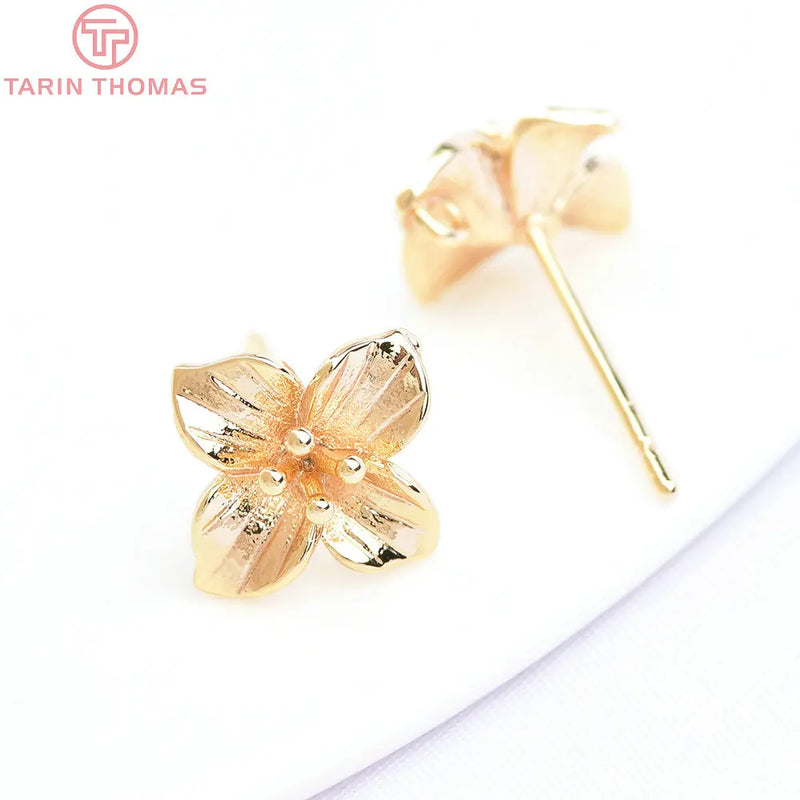 6PCS 15MM 10MM 24K Brass Flower Stud Earrings DIY Jewelry Findings