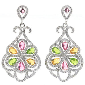 Long Big Tourmaline Peridot Citrine CZ Women Wedding Silver Earrings
