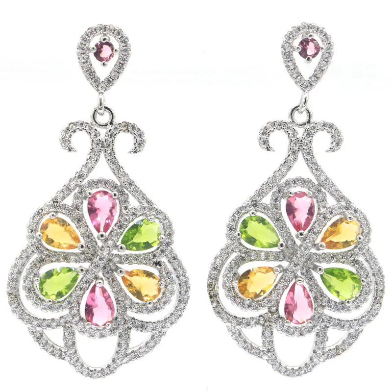 Long Big Tourmaline Peridot Citrine CZ Women Wedding Silver Earrings