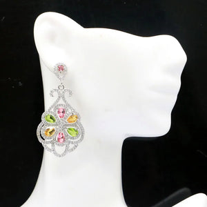 Long Big Tourmaline Peridot Citrine CZ Women Wedding Silver Earrings