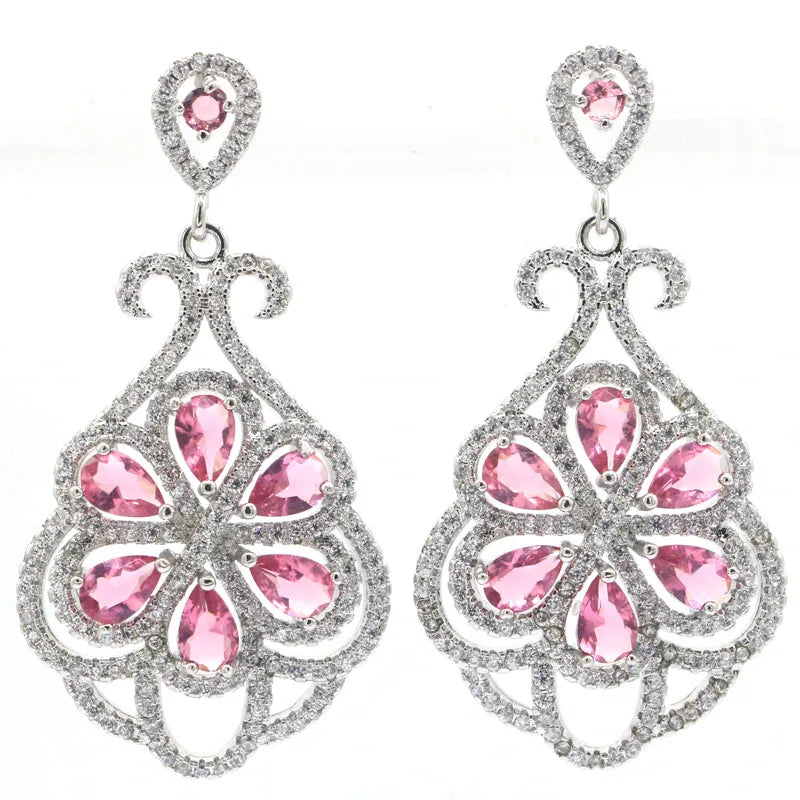Romantic Pink Tourmaline CZ Wedding Silver Dangle Earrings