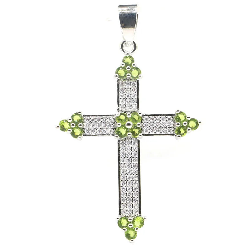 Classic Long Cross Pendant Peridot Pink Kunzite CZ 925 Silver