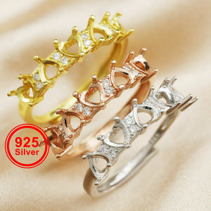 4MM Heart Prong Ring Settings 5 Stones Rose Plated Solid 925 Sterling Silver