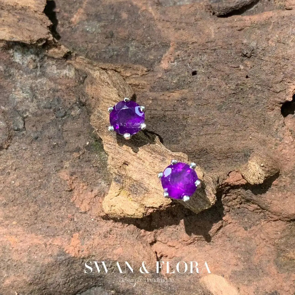 4MM Amethyst Stud Earrings 925 Sterling Silver Vintage Gift