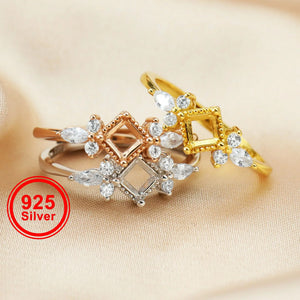 Vintage Style 925 Silver Square Ring Setting for Gemstone