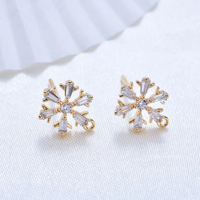 4PCS 10MM 14K Brass Zircon Snowflake Stud Earrings DIY Jewelry Findings