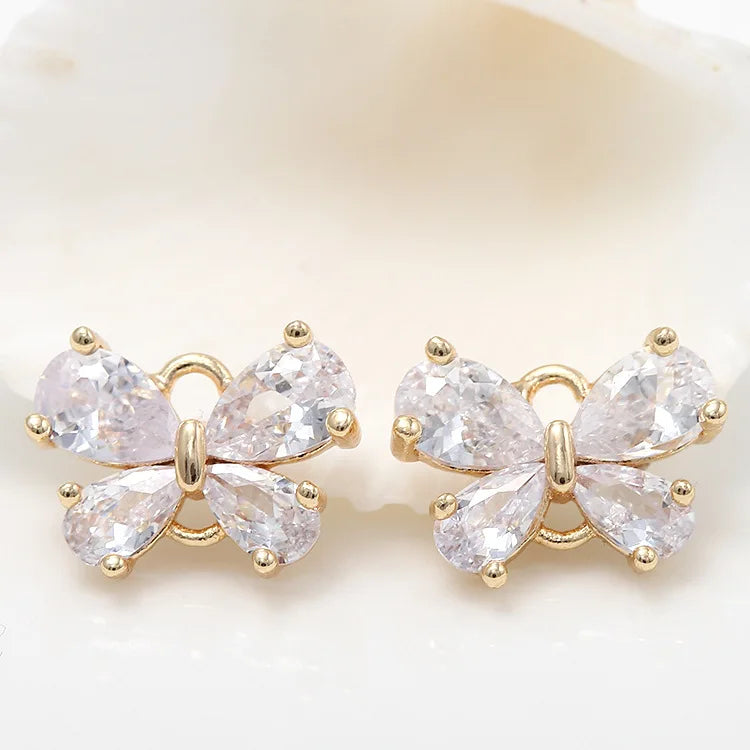 4PCS 10x13MM 24K Brass Zircon Flower Butterfly Charms for Jewelry Making