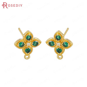 4PCS 11x13MM 24K Brass Zircon Flower Stud Earrings Pins Jewelry Making